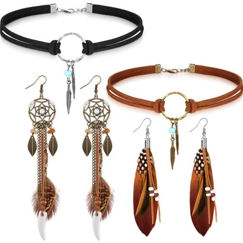 2 Sets Dream Catcher Bohemian Jewelry Sets for Women with Feathers and Suede